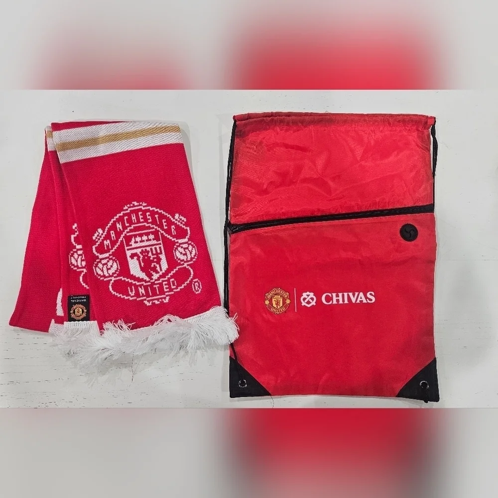 Manchester United Chivas Red Scarf and Chivas Gym Sack Drawstring Bag. New Set.